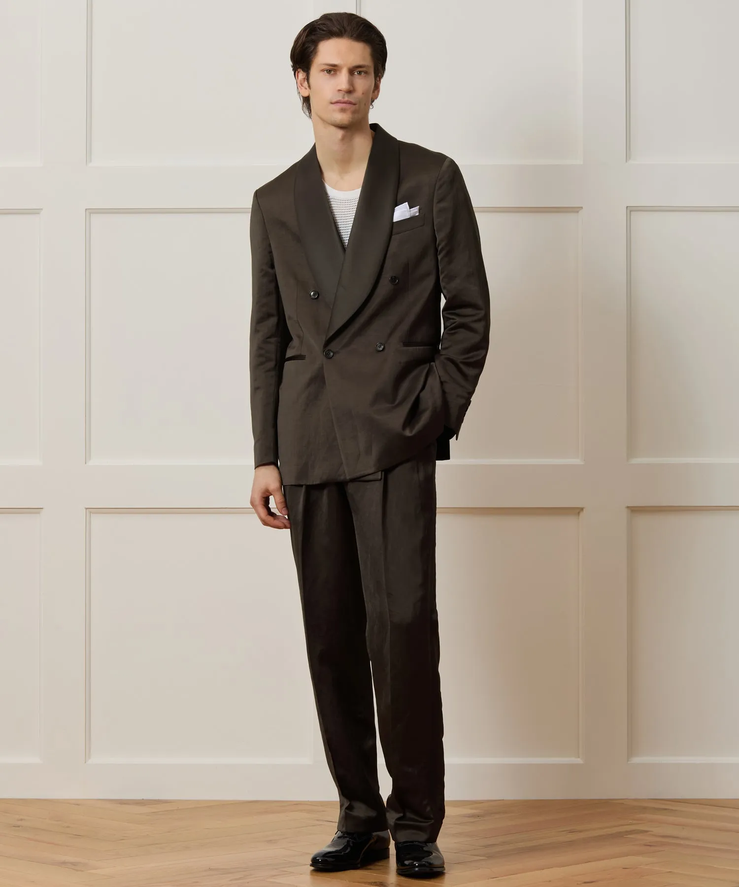 Italian Double-Breasted Shawl Tuxedo Jacket in Brown