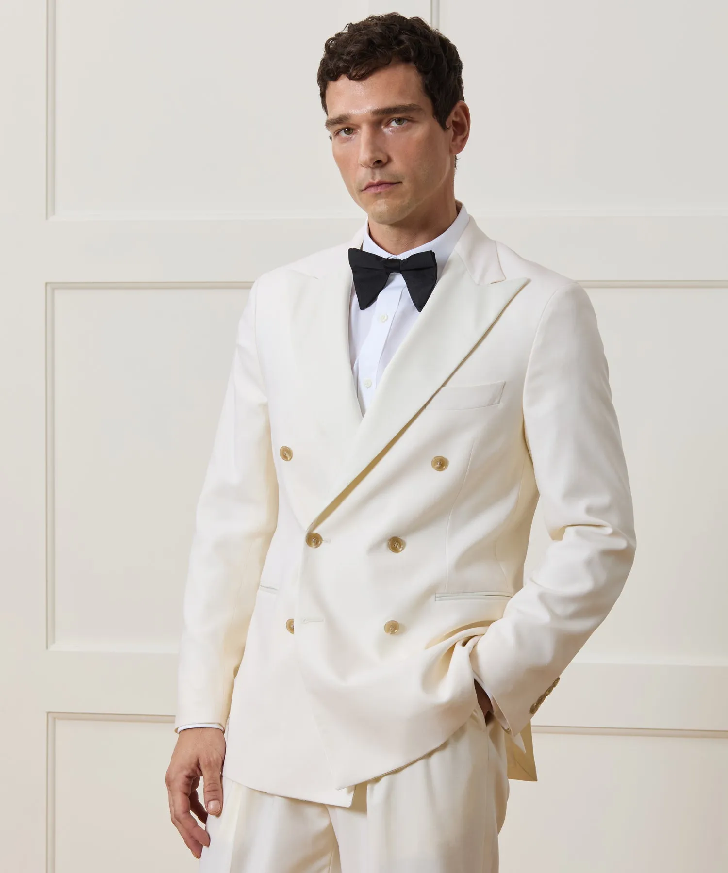Relaxed Italian Wool Double-Breasted Tuxedo in Ivory