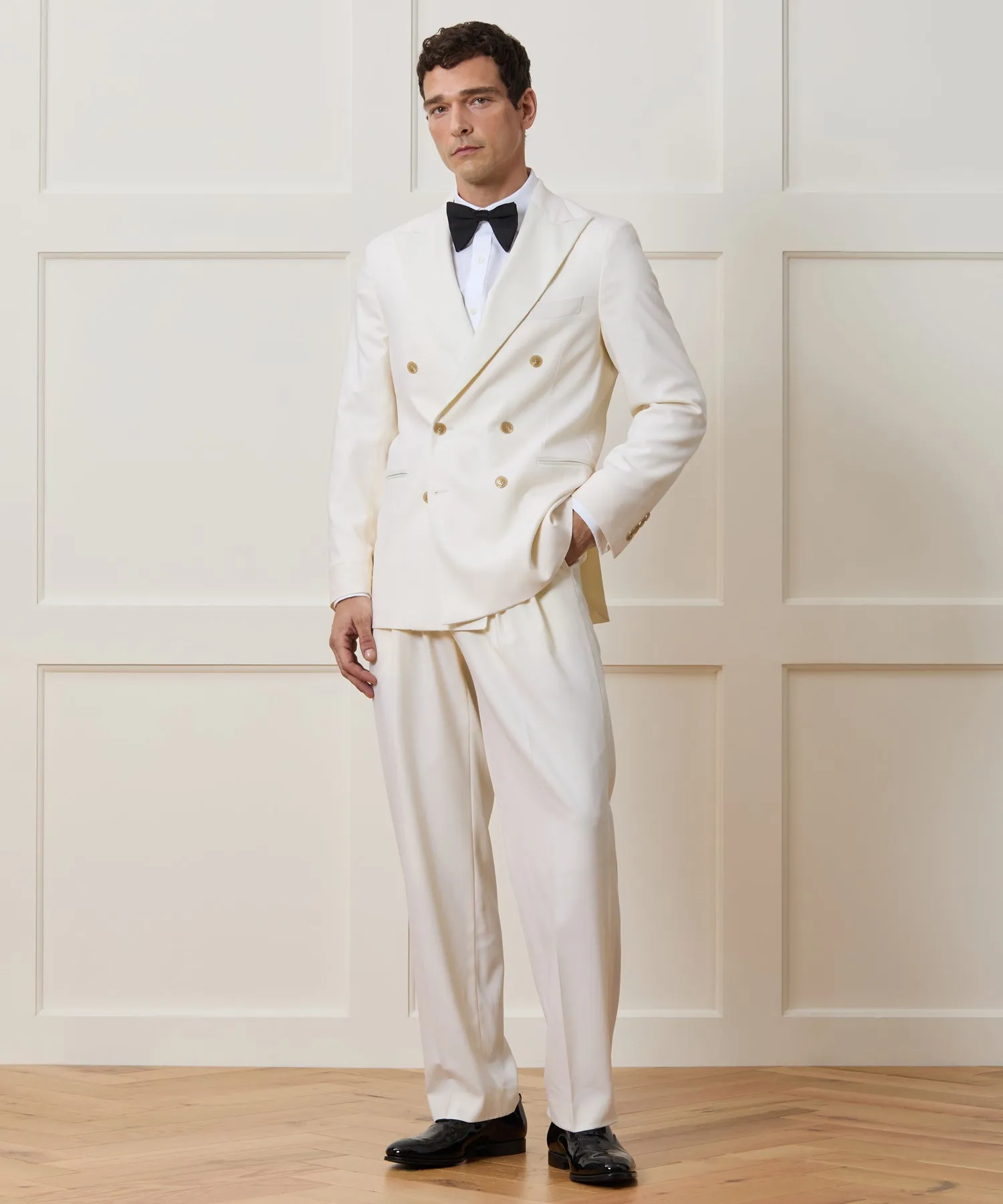Relaxed Italian Wool Double-Breasted Tuxedo in Ivory